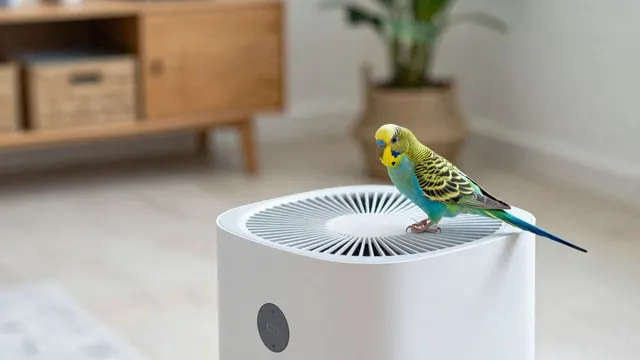 Luftreiniger mit Sittich im Hintergrund