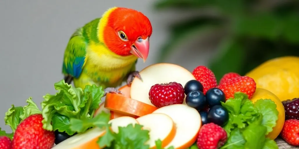 Sittich frisst bunte Früchte und Gemüse.