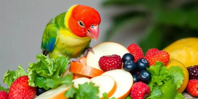 Sittich frisst bunte Früchte und Gemüse.
