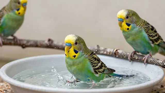 Sittich badet fröhlich in einer Wasserschale.