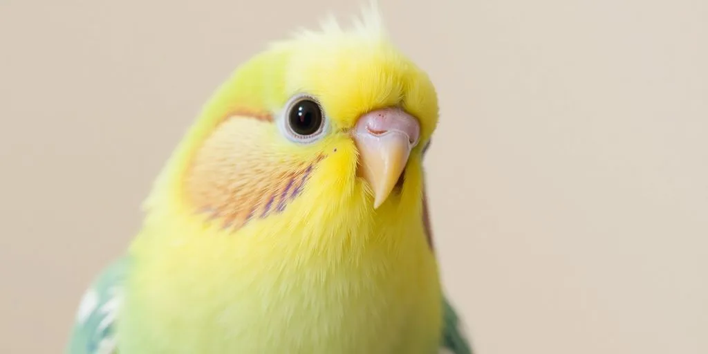 Sittich zeigt aufgerichtete Federn und neugierigen Blick.