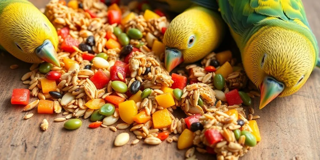 Bunte Sittich-Leckerlis auf Holzbrett.
