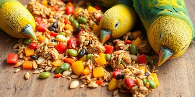 Bunte Sittich-Leckerlis auf Holzbrett.