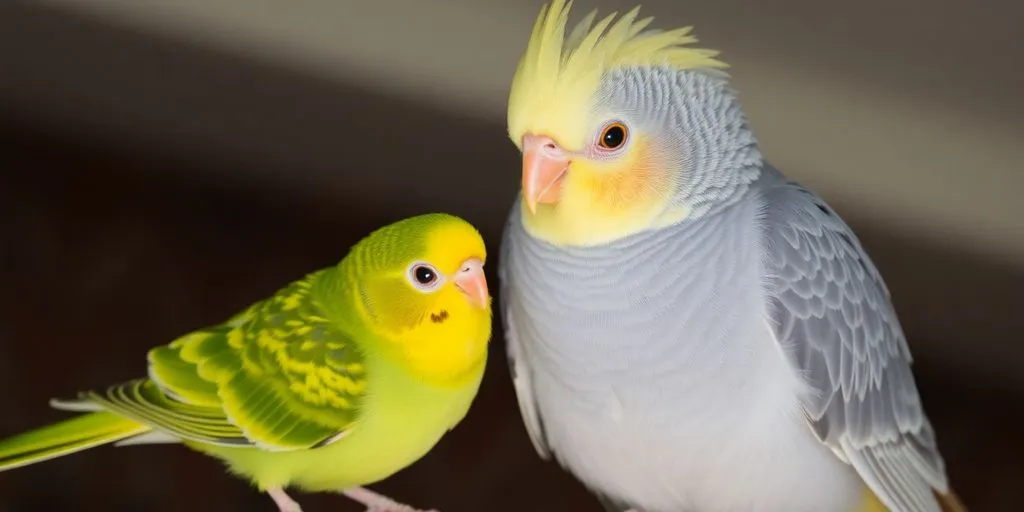 Wellensittich und Nymphensittich nebeneinander sitzend